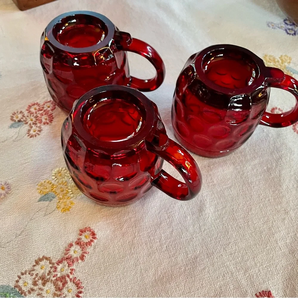 Vintage Ruby Red Mid-century Modern Glass Thumbprint Mugs. Set of 3. 8oz.